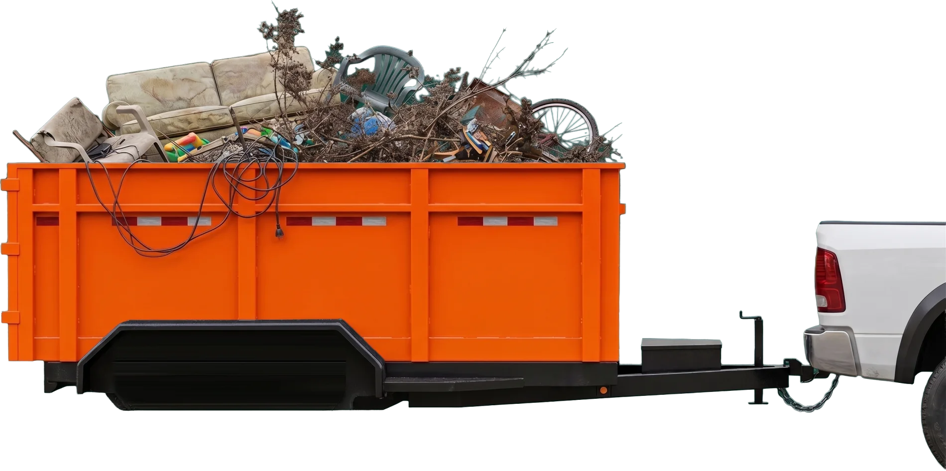 Muskogee Strong truck towing a trailer loaded with hauled-off furniture, brush, and junk
